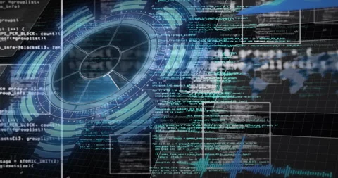 Grid interface opening code scrolling while circular dashboard rotating pulsing Stock Footage 313640014