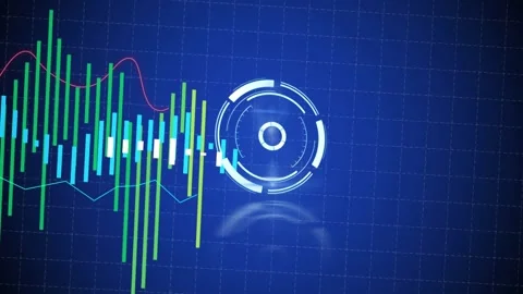 Grid interface opening driving colorful bars toward rotating HUD rings while Stock Footage 329367212