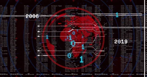On grid launch, red 3D globe rotating clockwise while timeline labels updating Stock Footage 310406433