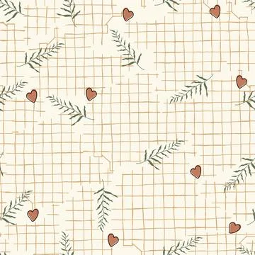 Grid line wall with small hearts and branches pattern. Spring ivy plants vector Illustrazione stock