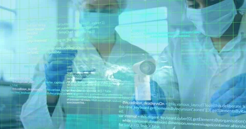 Grid lines and data processing over two caucasian female scientists in a Stock Footage 330724783
