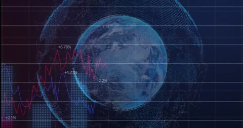 Grid lines appearing, 3D globe rotating, red and blue lines drawing, bars rising Stock Footage 329812760