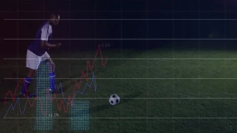 Grid lines fading and analytics plotting metrics as soccer player kicking ball Stock Footage 309688522