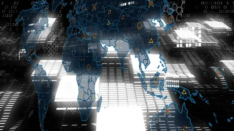On grid load, continents fading, pulsing icons emerging, rotating map showing Stock Footage 312071963