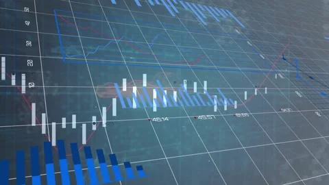 On grid loading 3D candlesticks rising as lines weaving and charts expanding Stock Footage 327714996