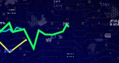 Grid loading drawing green trend line rising and waving with yellow cyan lines Stock Footage 313552440