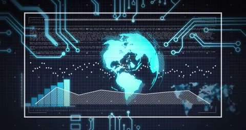 Grid loading, globe fading in with code scrolling, graph tracing, bars rising, Stock Footage 317407292