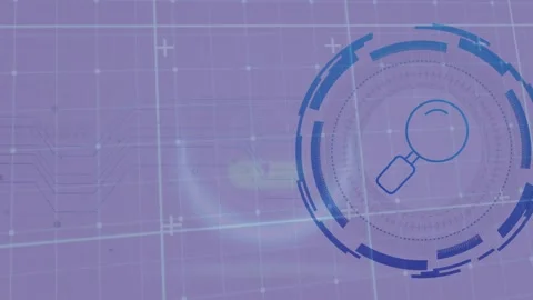 On grid loading magnifying-glass icon emerging in rotating rings showing digital Stock Footage 317660432