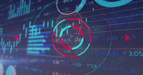 Grid loading, squares orbiting head, morphing into rings overlaying bar charts, Stock Footage 317185800