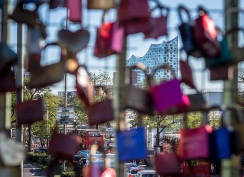 Grid with many locks on it focused on elbphilharmonie hamburg Stock Photos