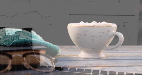 Grid markers fading in, line graph emerging, bars sliding over scarf, coffee cup Stock Footage 310668334