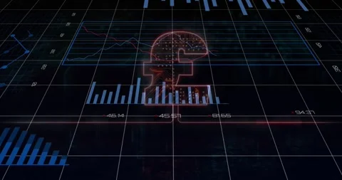 Grid matrix emerging launching holographic pound symbol fading with charts Stock Footage 329415077