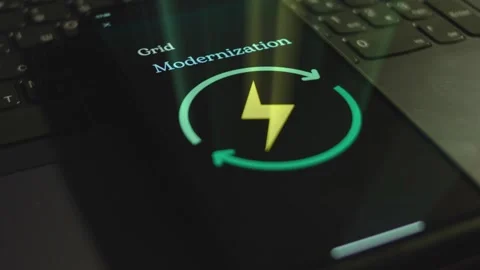 Grid Modernization inscription on smartphone screen. Graphic presentation with Stock Footage 271124410