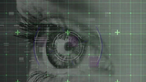 Grid network and round scanner over close up of female eye Stock Footage 150853073