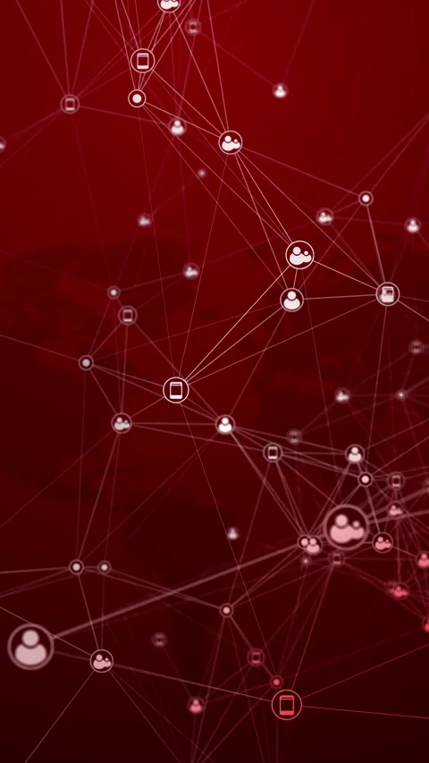 A grid of network user icons connected by lines on a red background. Stock Footage 307218990