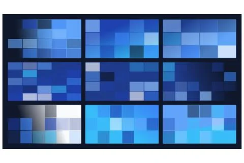 A Grid of Nine Blue Pixelated Mosaic Patterns Displayed as Digital Art Stock Illustration