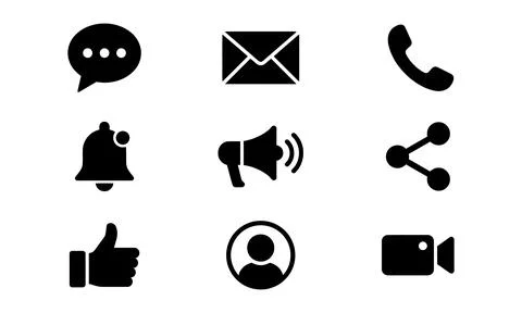A grid of nine essential communication and social media icons. Stock-Illustration