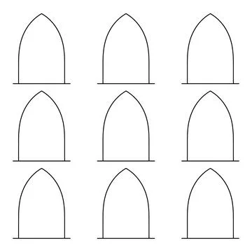 A grid of nine identical gothic arch shapes outlined in black against a cle.. Stock-Illustration