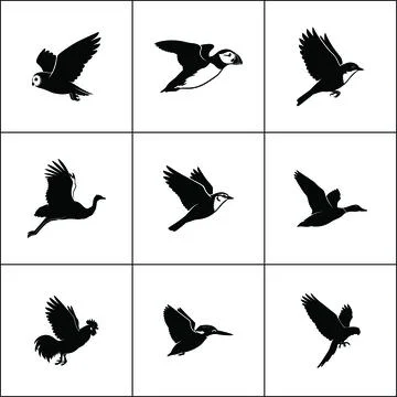 A grid of nine white squares each containing a different black arrow pointing in Stock Illustration