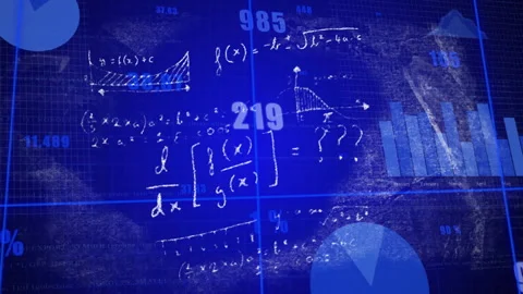 Grid onset, math formulas sketching while charts sliding, numbers updating to Stock Footage 315543133