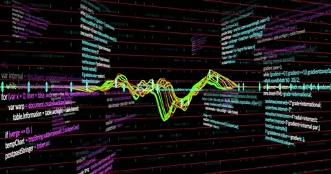 Grid opening, 3D multicolor waveform oscillating, peaks rising, code panels Stock Footage 317459777