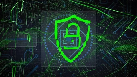 Grid opening initiating shield sketching and padlock materializing, pulsing Stock Footage 317608075