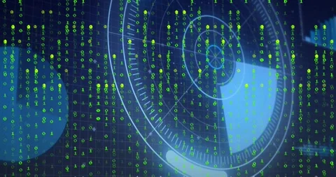 Grid opening, scrolling green binary streams circling rotating radar display 스톡 동영상 317184632
