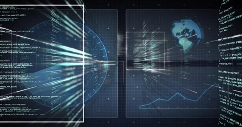 Grid opening urging panel dial revealing globe, code streaming highlighting data Stock Footage 328010974