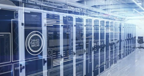 Grid outlines appearing on server racks, camera panning, overlays updating to Stock Footage 311216717
