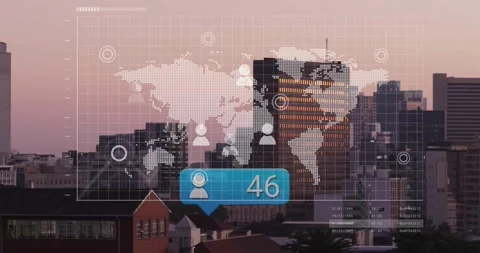 Grid overlay activating map outline, graph rising and user count updating to Stock Footage 327063801