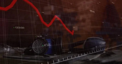 Grid overlay appearing and starting red line dipping and rising across labels Stock Footage 314408595