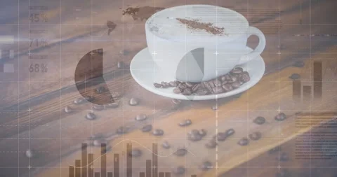 Grid overlay fading in driving charts, map and gauges animating on coffee cup Stock Footage 318545182