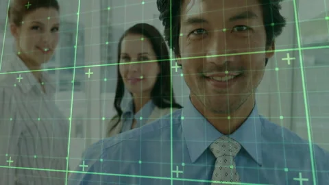Grid overlay initiating colleagues emerging for digital security in office Stock Footage 312082428