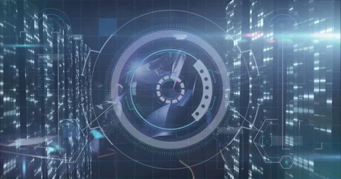 Grid overlay initiating disc appearing rings rotating nodes linking tech Stock Footage 312099080