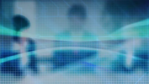 Grid pattern and data flow animation over business people in office setting 스톡 동영상 304255930