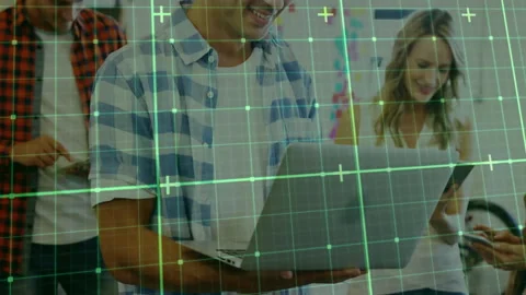 Grid pattern and data points animation over people using laptop Stock Footage 304102770