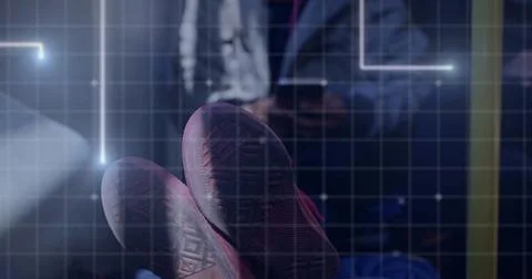 Grid pattern and data processing image over person using smartphone and wearing Stock Illustration