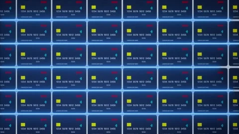 Grid pattern animation with many blue credit cards. Modern digital animation Stock Footage 258080338