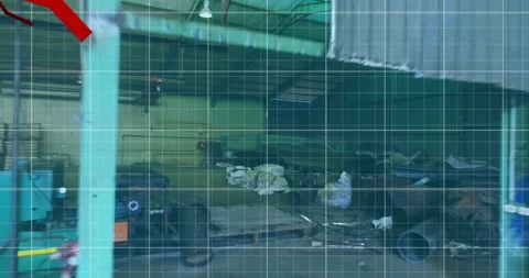 Grid pattern animation over industrial workshop with various equipment and Stock Footage 327124854