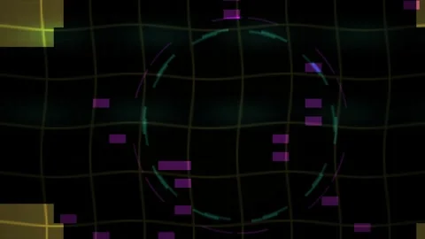 Grid pattern with colored lines and shapes on black background. Stock Footage 335531161