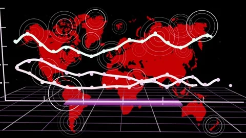 Grid plane appearing as red world map animating with traces and expanding Stock Footage 335637215