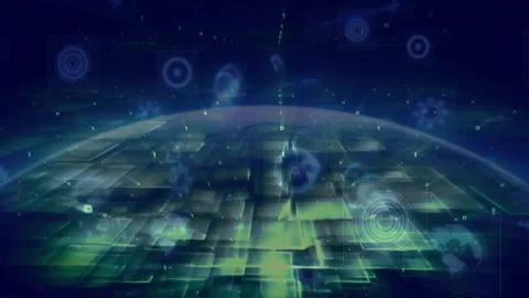 Grid plane emerging triggers data bits floating and grid panels shifting Stock Footage 312416856