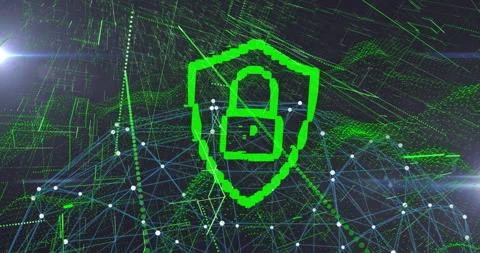Grid pulsing initiating shield forming padlock shackle rising unlocking streams Stock Footage 312657297