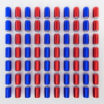 Grid of Red and Blue 3D Rendered Aluminum Soda Cans Over White Background Ill Ilustração Stock