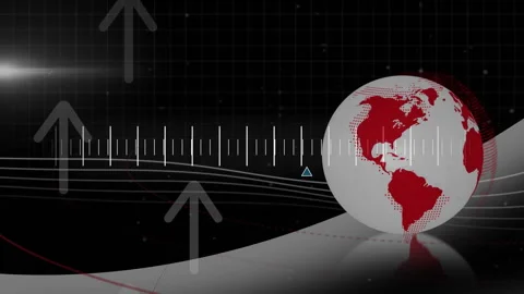 Grid revealing arrows rising while curving baseline pulsing ticks, globe Stock Footage 312845155