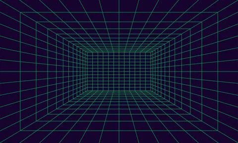 Grid room in perspective in 3d style. Indoor wireframe from green laser bea.. Stock Illustration