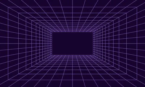 Grid room in perspective in 3d style. Indoor wireframe from  violet laser b.. Illustrazione stock