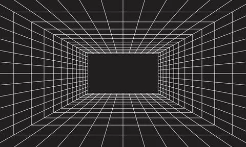 Grid room in perspective in 3d style. Indoor wireframe from white laser bea.. Stock Illustration