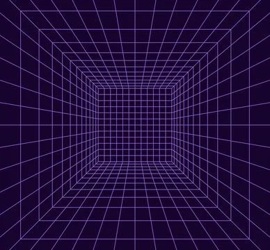 Grid room in perspective in 3d style. Indoor wireframe from  violet laser b.. Stock Illustration
