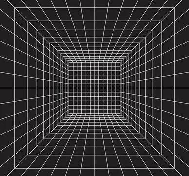Grid room in perspective in 3d style. Indoor wireframe from white laser bea.. Stock-Illustration